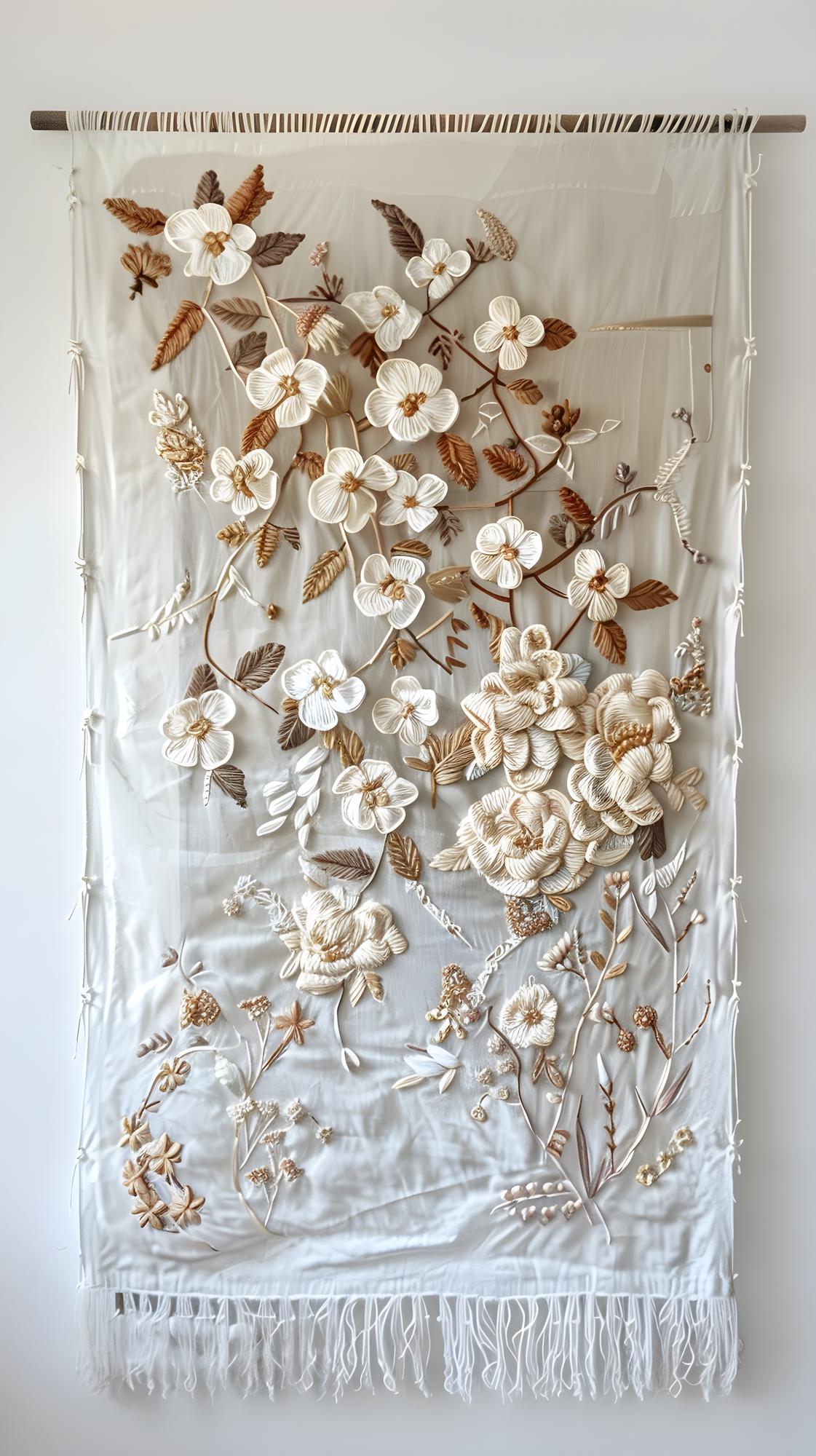 Hand-stitched floral panel on linen